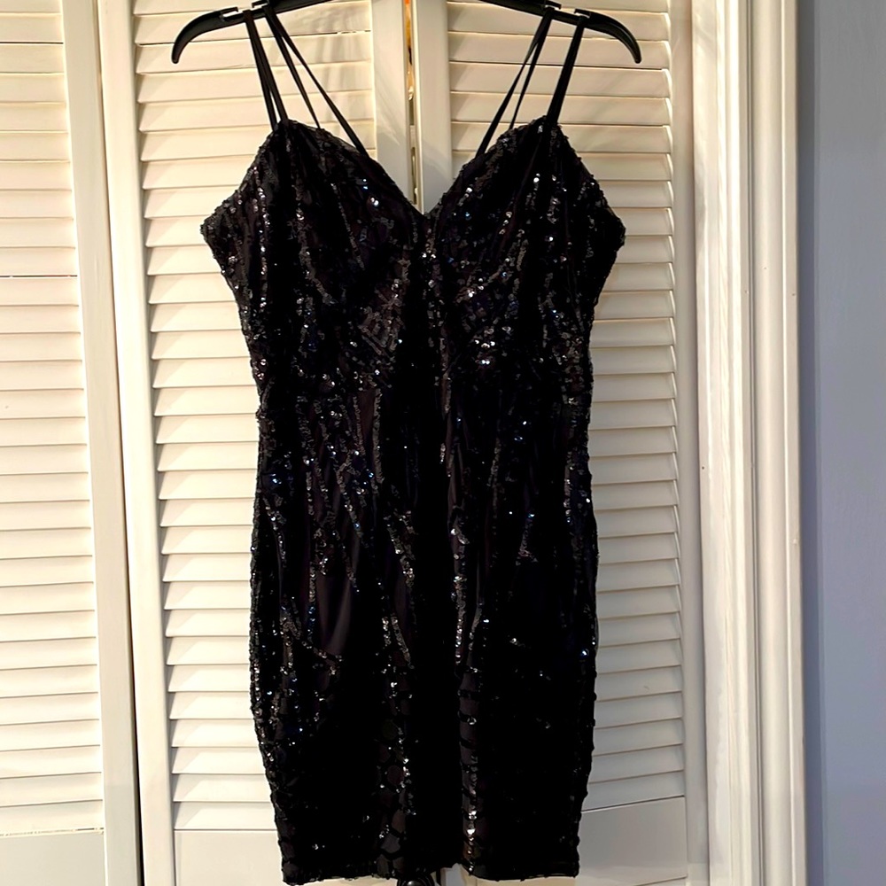 Little Black Dress with sequins. Two straps on each shoulder